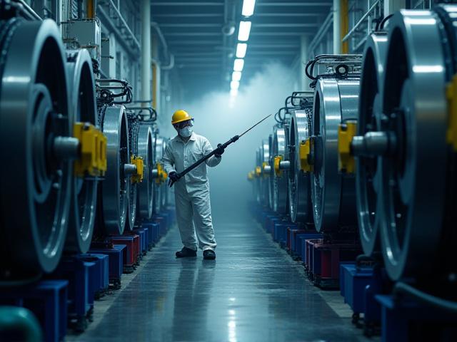 工場で精密機械を清掃する技術者